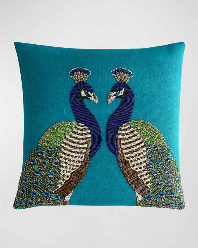 Reflected Peacock Beaded Pillow, 20" Square